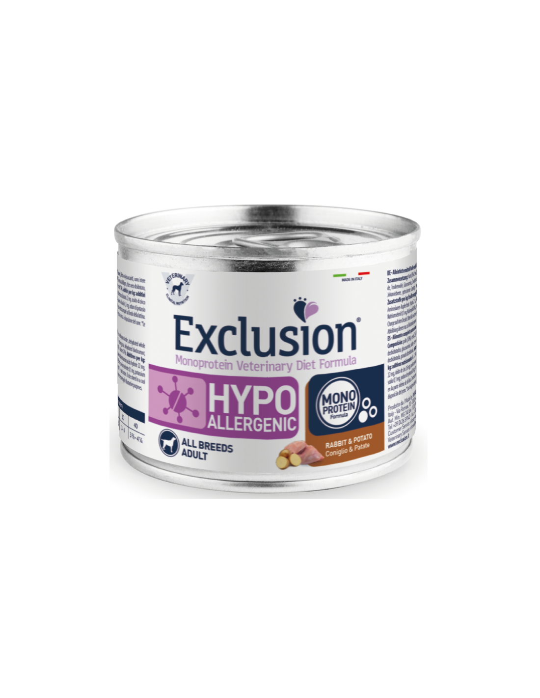 Exclusion Dog Hypoallergenic Coniglio 400gr Alimenti umidi monoproteici per  Cani : : Prodotti per animali domestici